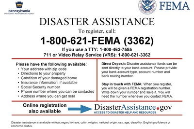 Federal Disaster Assistance is now available to eligible Buckingham Twp. residents who were affected by Tropical Storm Ida